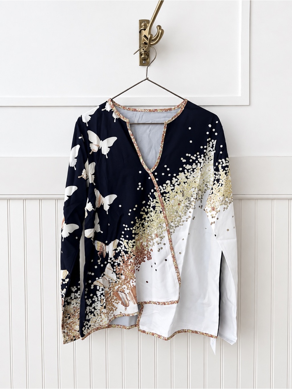 Navy & White Butterfly-Print Wrap Tunic